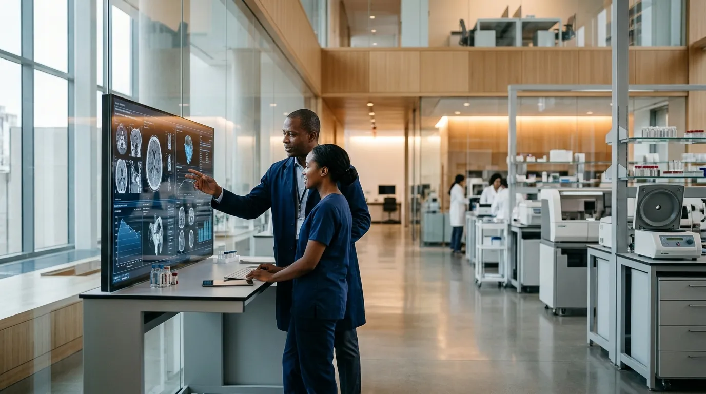 Two clinicians reviewing diagnostic images in a hospital laboratory