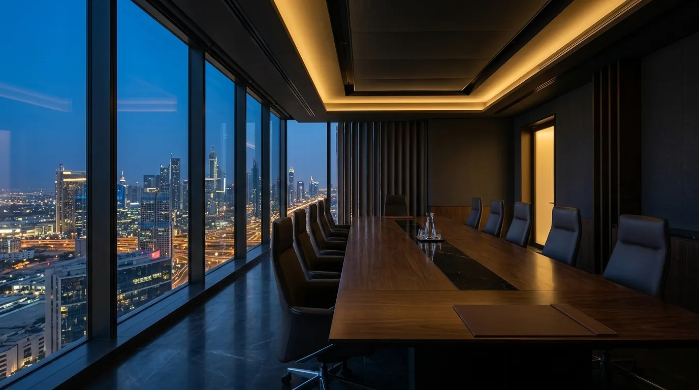 An empty executive boardroom overlooking a city skyline at dusk